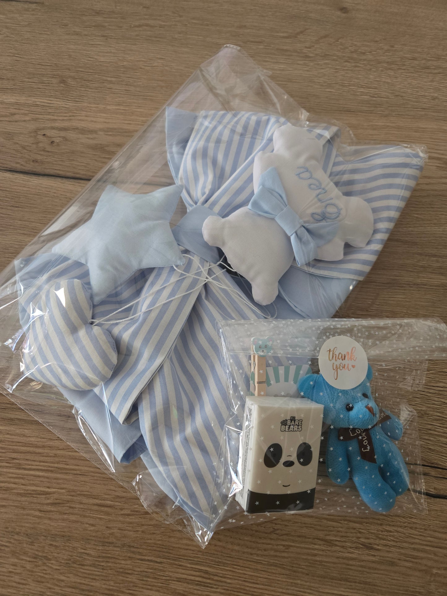 Fiocco nascita azzurro tinta unita e a righe azzurre- Soggetto personalizzabile