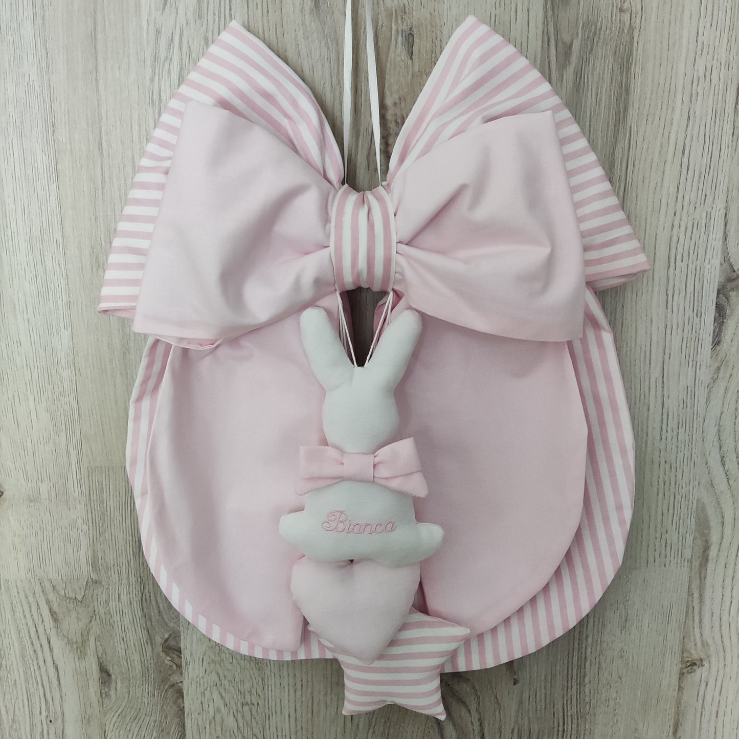 Fiocco nascita a righe rosa e rosa tinta unita - Soggetto personalizzabile