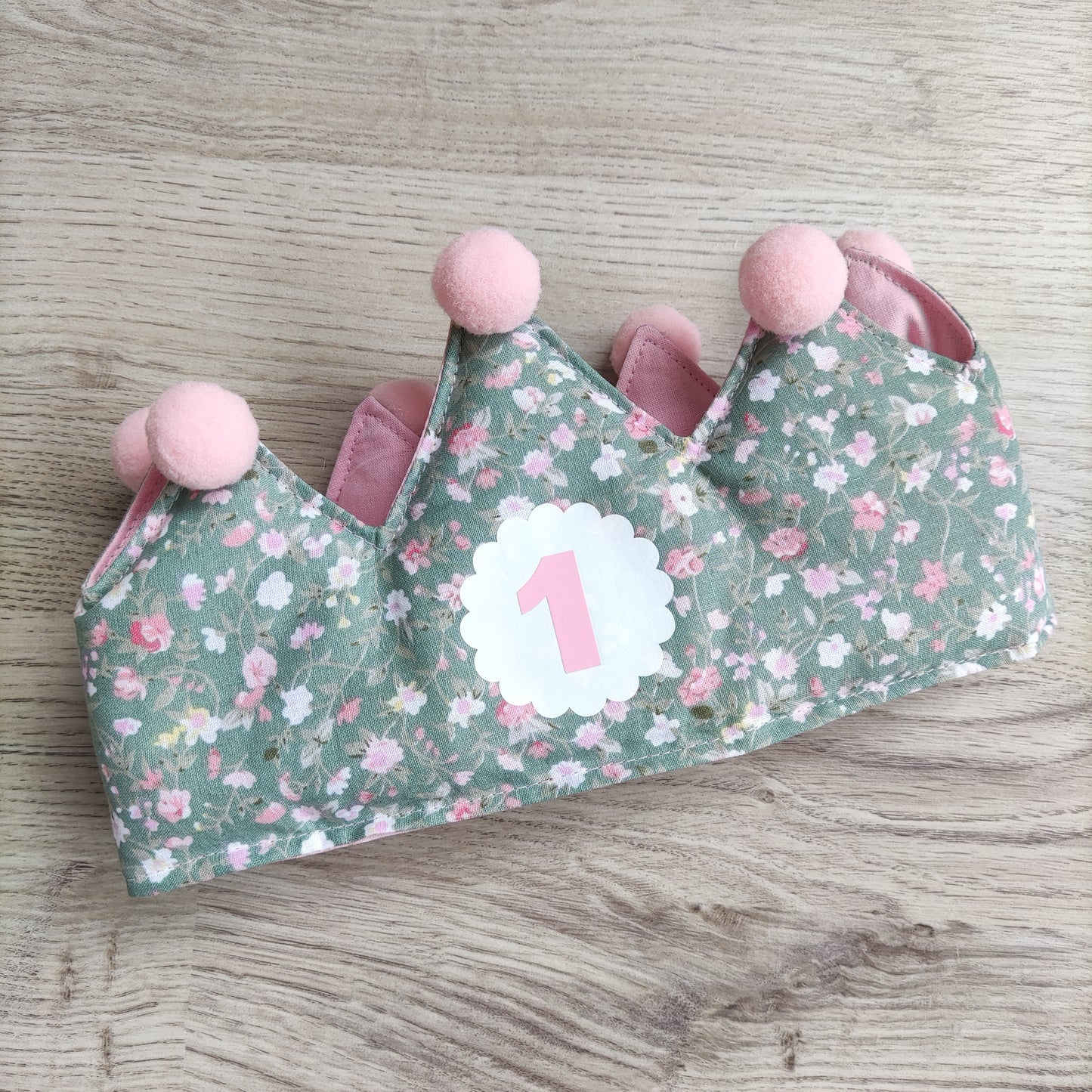 Coroncina primo compleanno verde con fiorellini