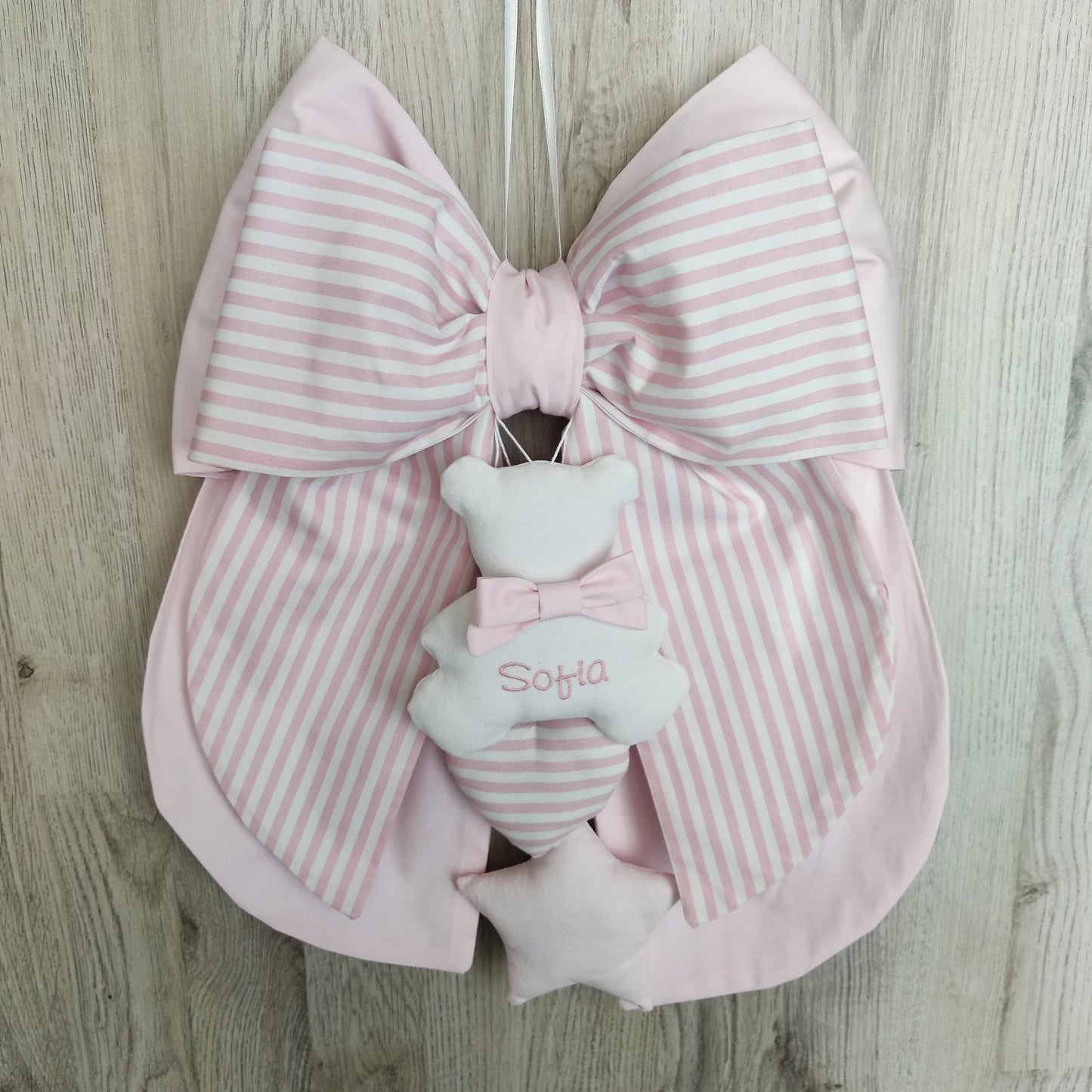 Fiocco nascita rosa tinta unita e a righe rosa - Soggetto personalizzabile