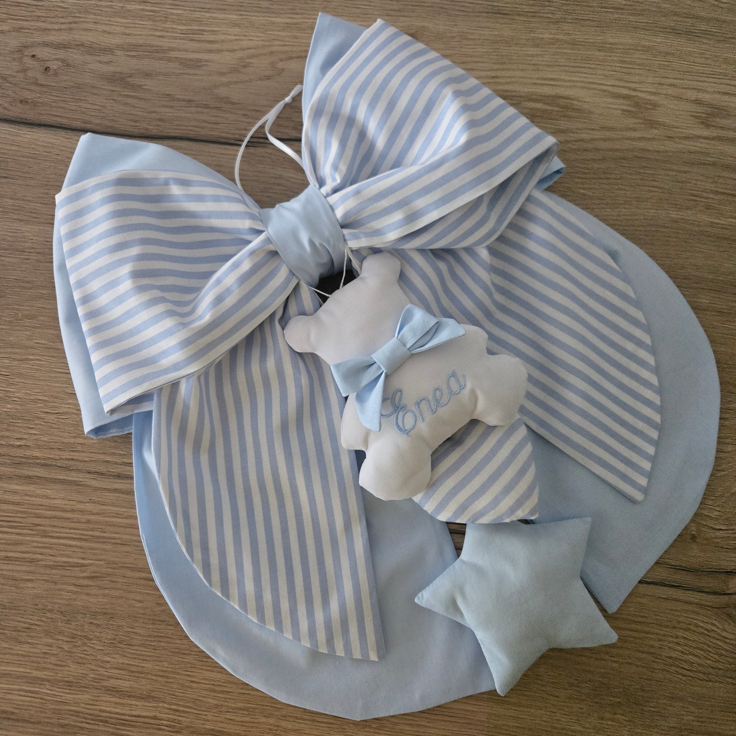 Fiocco nascita azzurro tinta unita e a righe azzurre- Soggetto personalizzabile