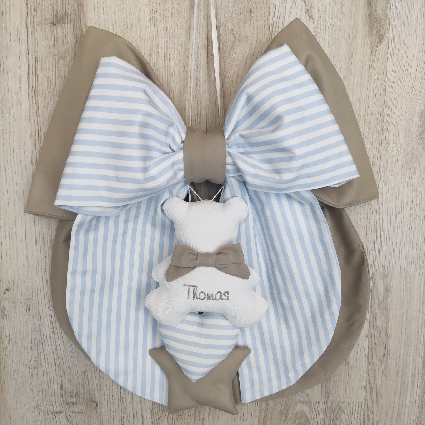 Fiocco nascita tortora e a righe azzurro o rosa - Soggetto personalizzabile