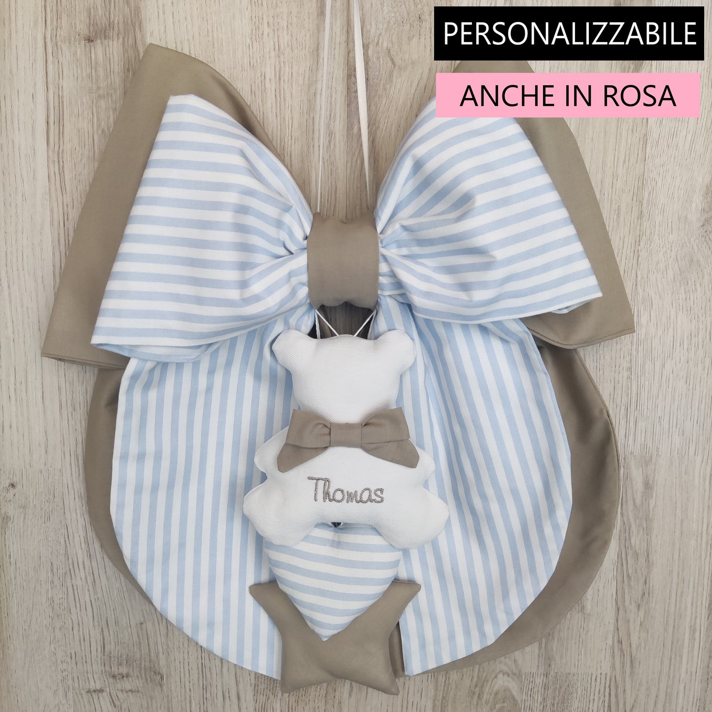 Fiocco nascita tortora e a righe azzurro o rosa - Soggetto personalizzabile