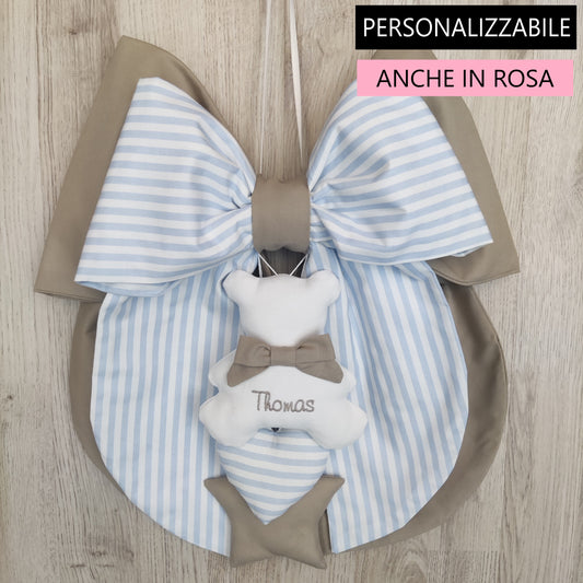 Fiocco nascita tortora e a righe azzurro o rosa - Soggetto personalizzabile