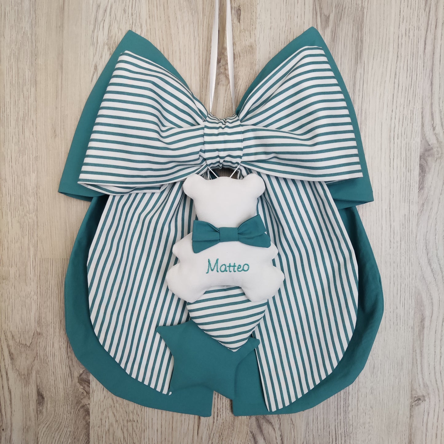 Fiocco nascita verde smeraldo a righe e tinta unita - Soggetto personalizzabile