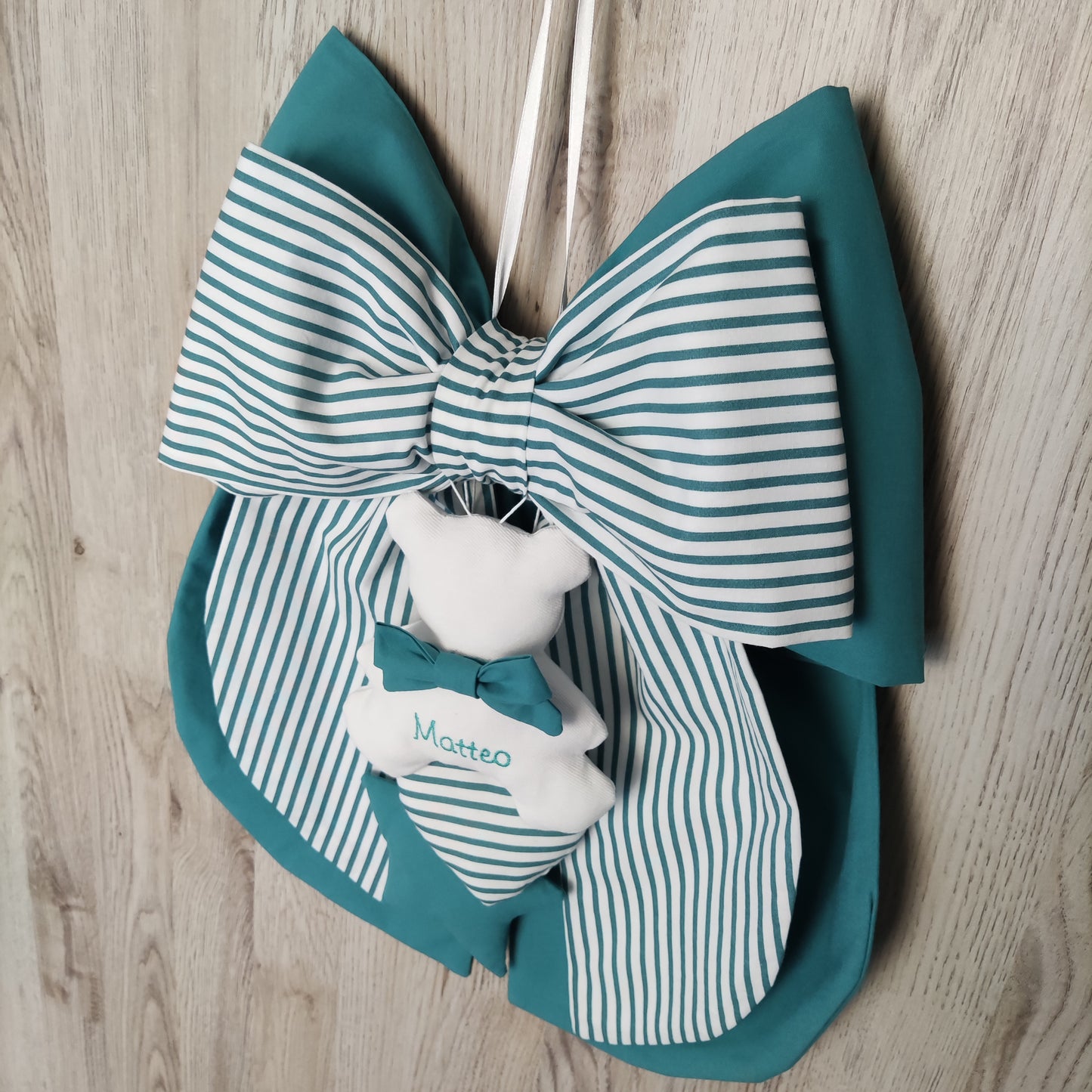 Fiocco nascita verde smeraldo a righe e tinta unita - Soggetto personalizzabile