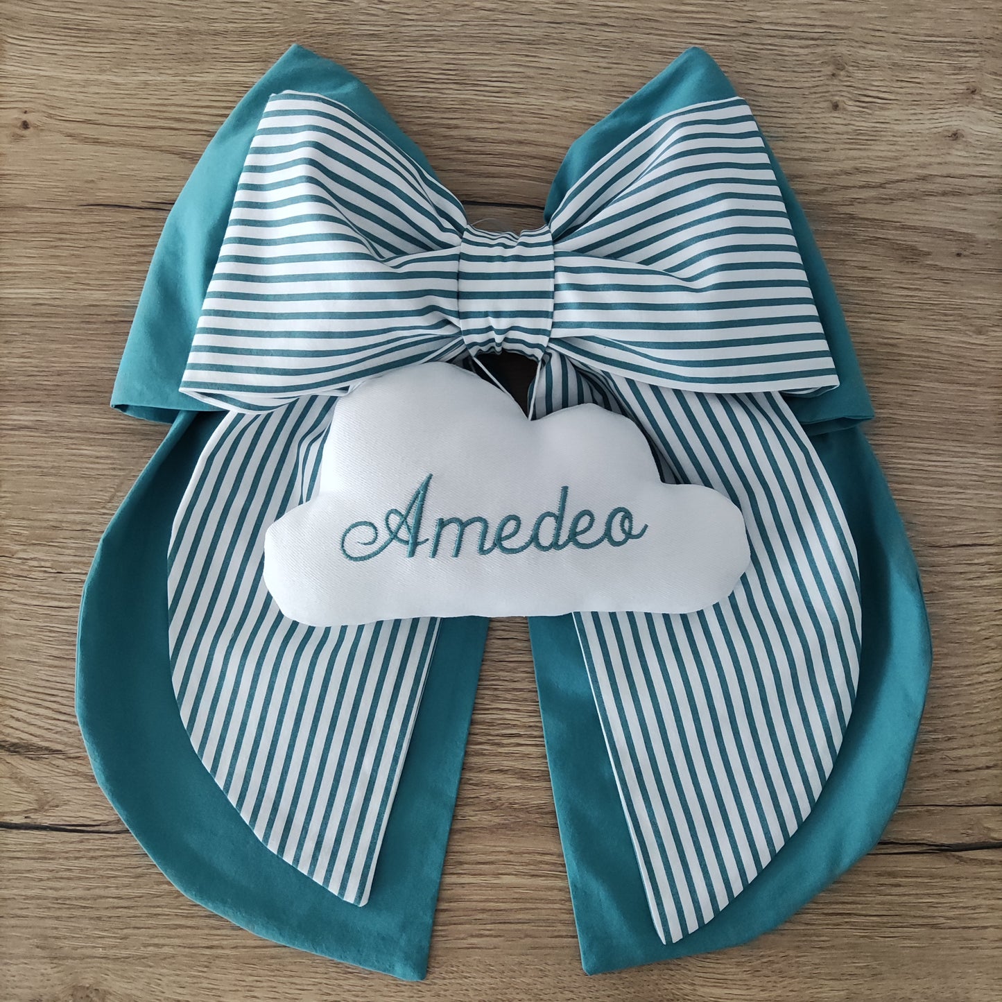 Fiocco nascita verde smeraldo a righe e tinta unita - Soggetto personalizzabile