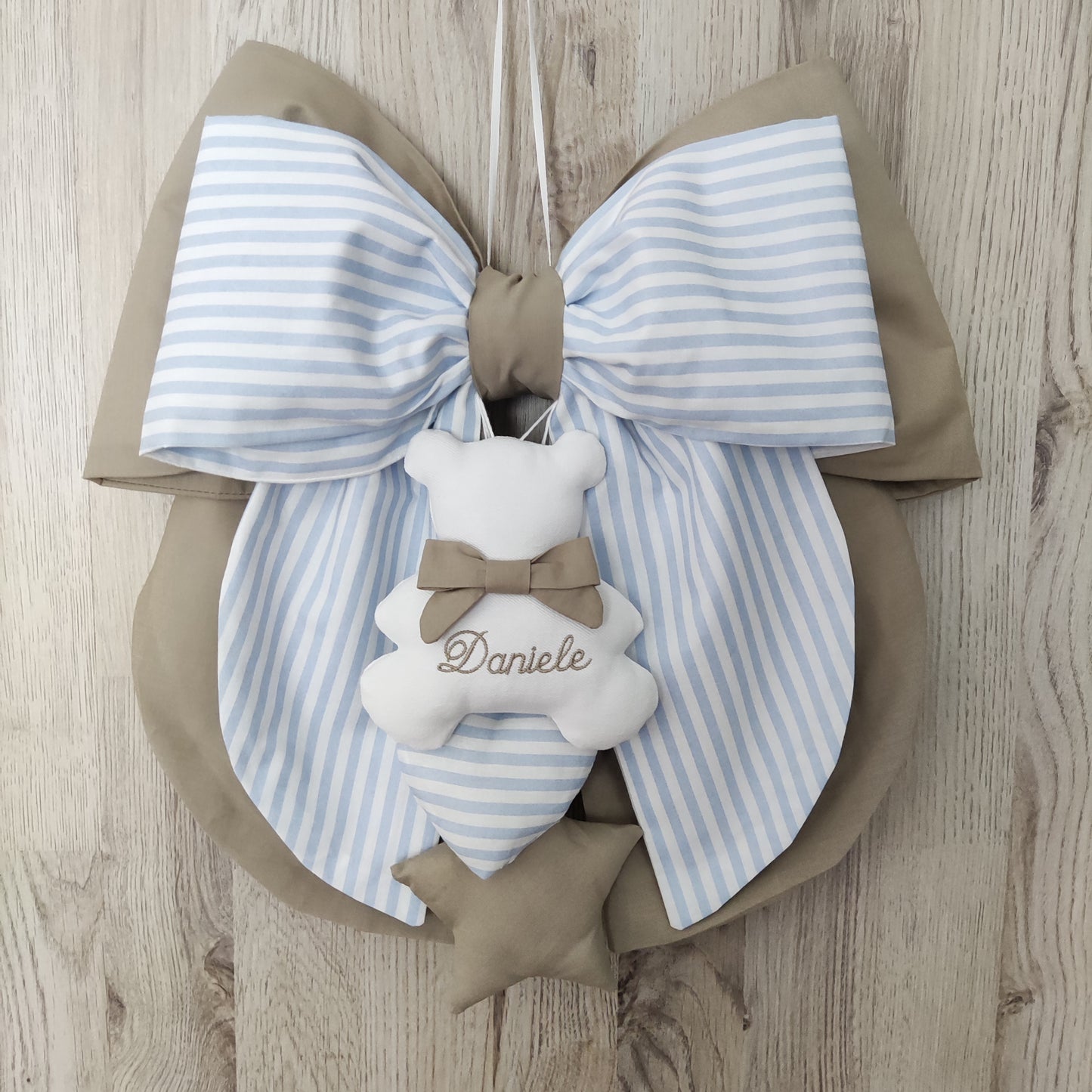 Fiocco nascita tortora e a righe azzurro o rosa - Soggetto personalizzabile