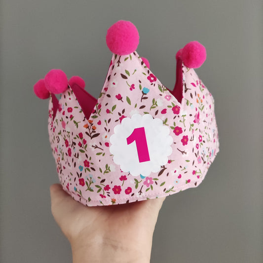 Coroncina primo compleanno rosa con fiorellini