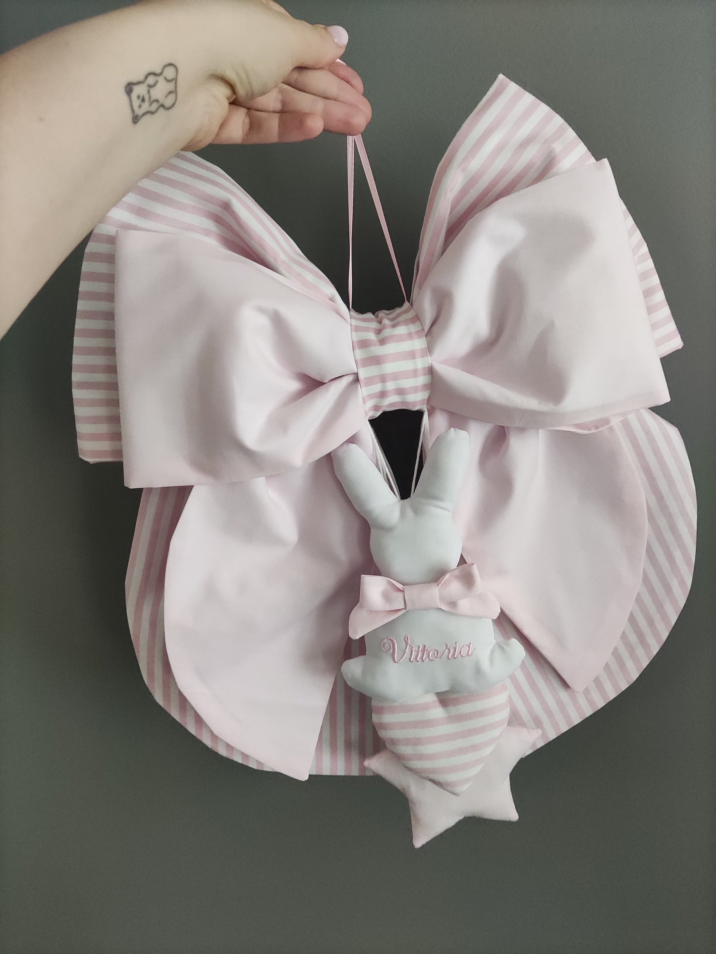 Fiocco nascita a righe rosa e rosa tinta unita - Soggetto personalizzabile