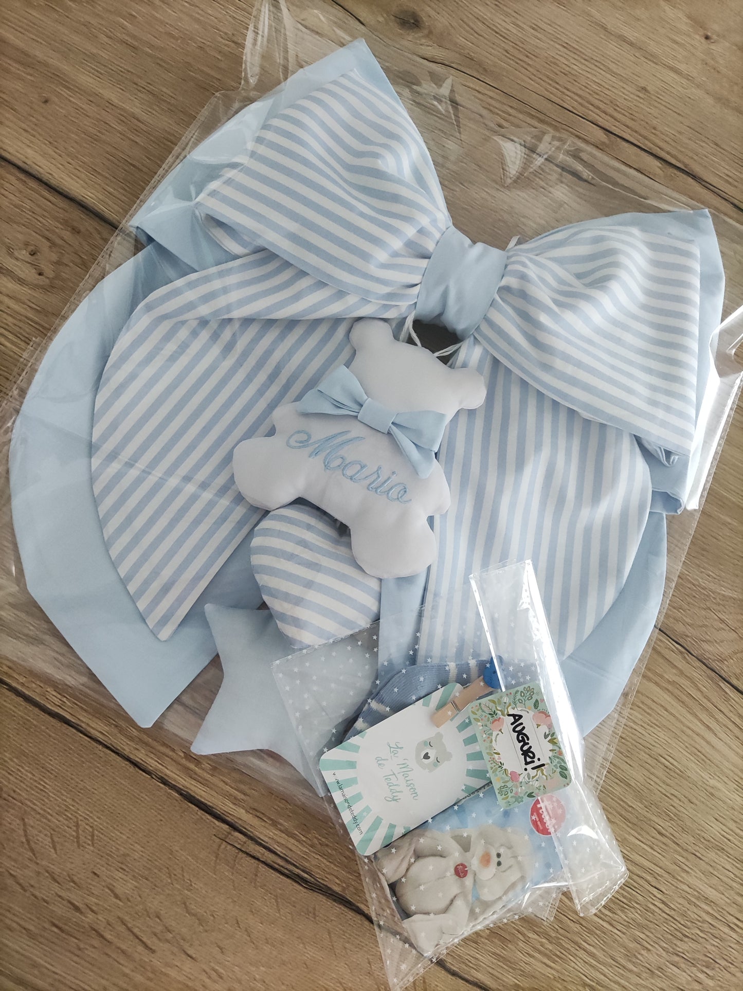 Fiocco nascita azzurro tinta unita e a righe azzurre- Soggetto personalizzabile