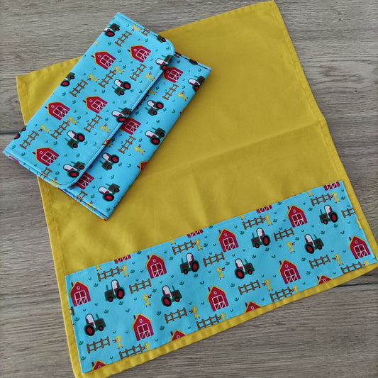 Porta tovagliolo asilo con tovagliolo - Fantasia fattoria fienile rosso