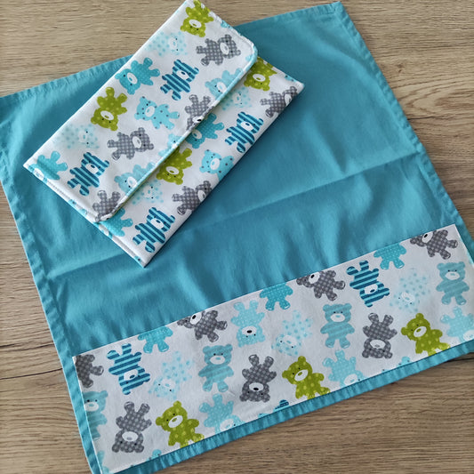 Porta tovagliolo asilo con tovagliolo - Fantasia orsetti azzurri e verdi