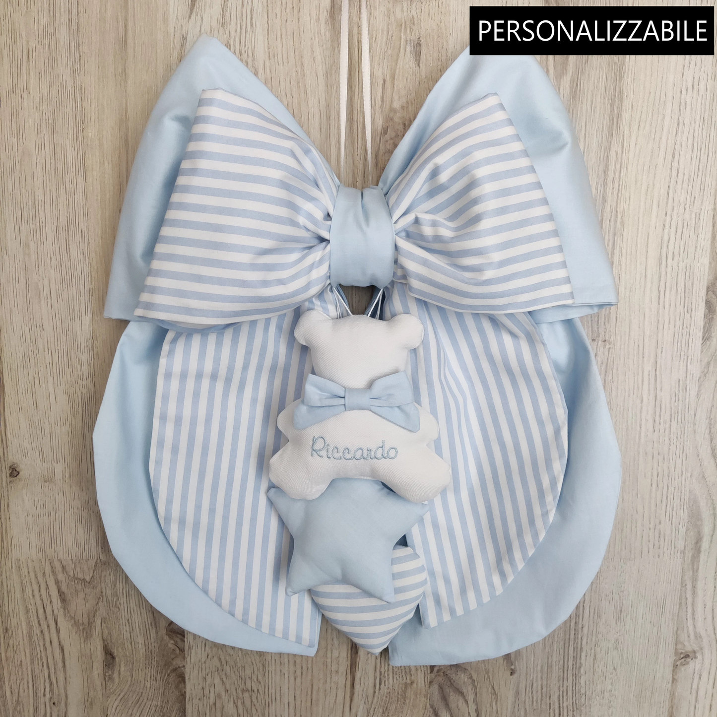 Fiocco nascita azzurro tinta unita e a righe azzurre- Soggetto personalizzabile
