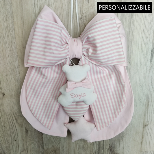 Fiocco nascita rosa tinta unita e a righe rosa - Soggetto personalizzabile